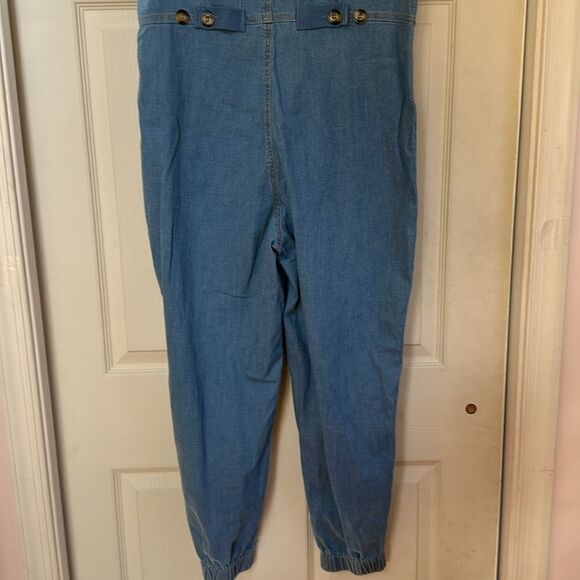 Denim Short Sleeve Button-Up Jumpsuit Stretch Jogger Style - Picture 4 of 11